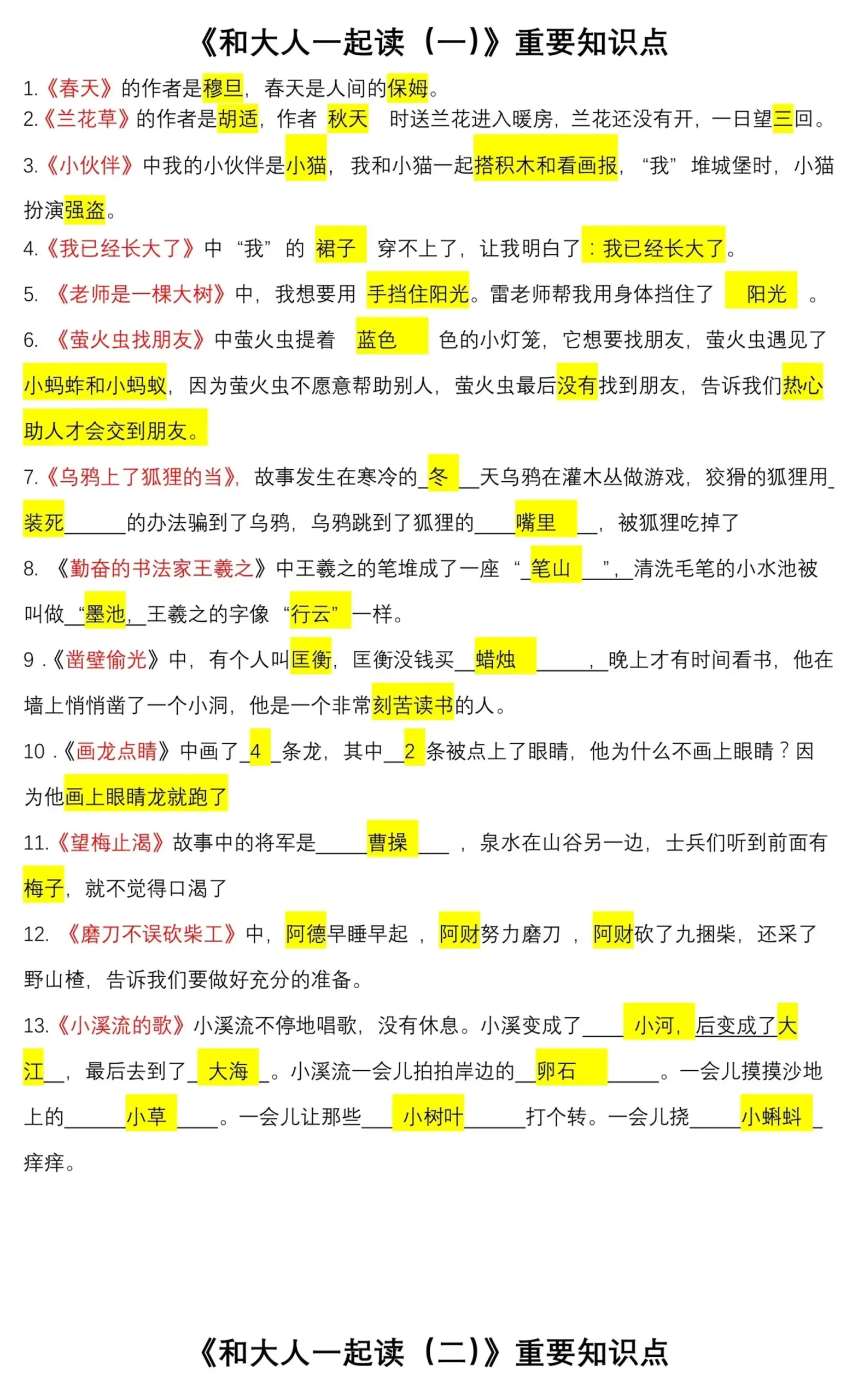 一上语文《快乐读书吧》常考知识点-山云部落官网 | 资源交流社区-sy.team