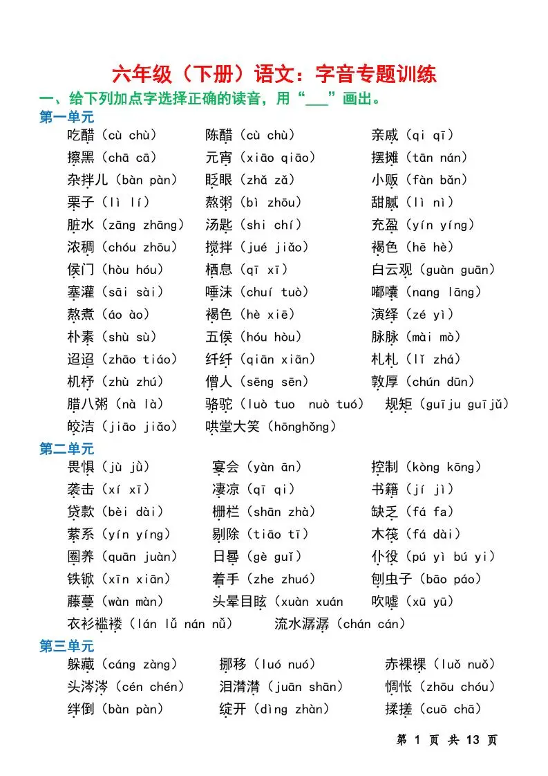 六下语文字音专题训练（含13页）