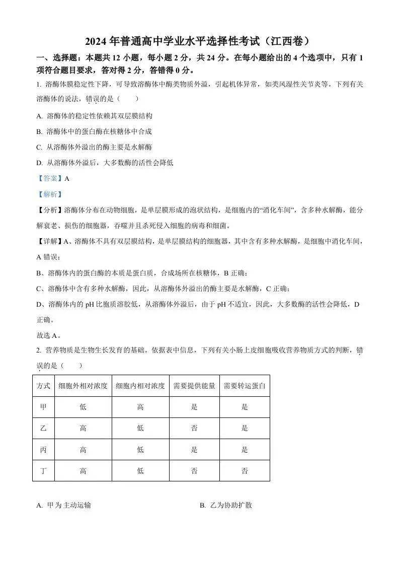 2024年高考生物试卷（江西）（含答案）-山云部落官网 | 资源交流社区-sy.team