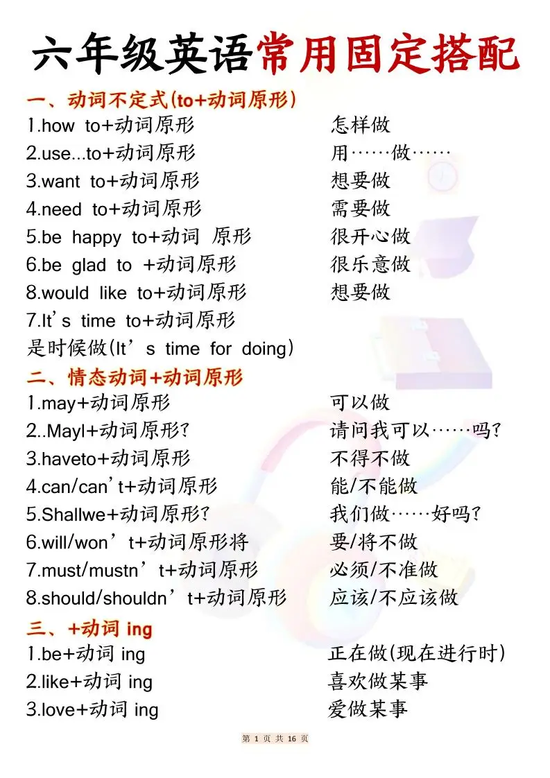 六年级上英语常用固定搭配