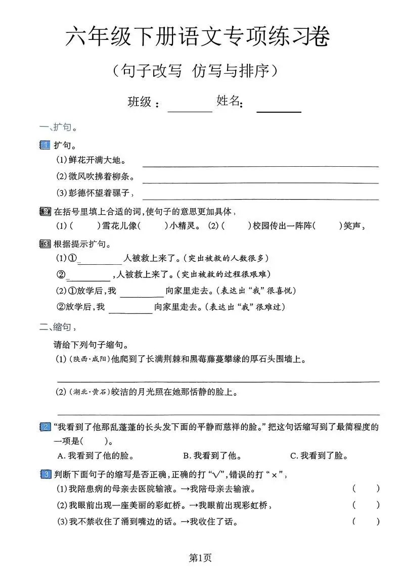 六下语文句子改写仿写与排序专项练习卷