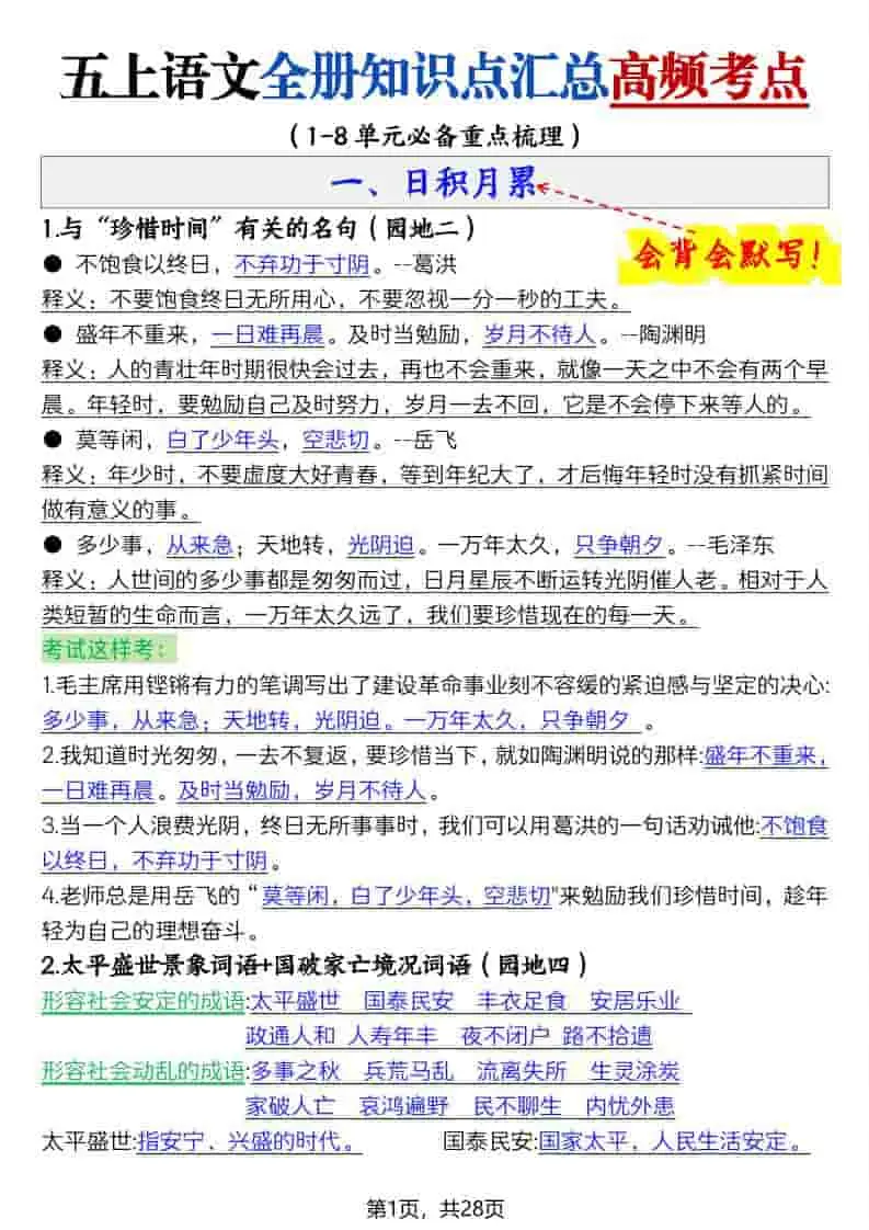 五上语文全册知识点汇总高频考点-27页