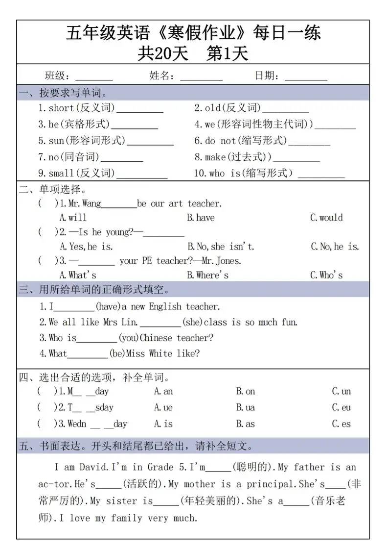 五年级上英语《寒假作业》每日一练共20天